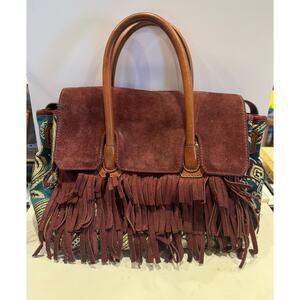 Sam Edelman Suede Fringe Satchel Burgundy Tapestry Boho Bag